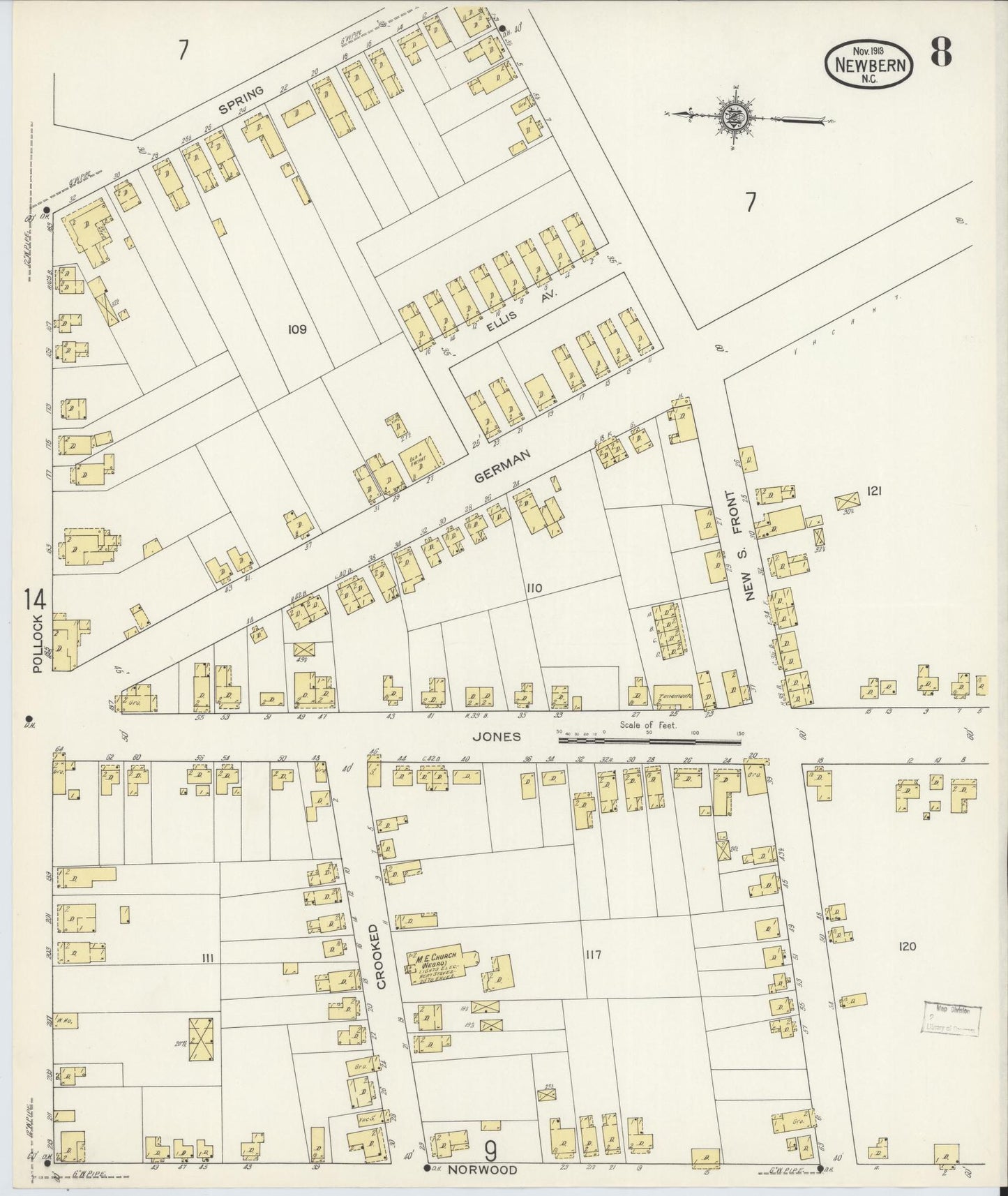 Sanborn Fire Insurance Map from New Bern, Craven County, North Carolina (1913), Sheet #0008 - Historic Sanborn Fire Insurance Map Print, vintage old map wall art, antique decor, genealogy gift, North Carolina North Carolina map