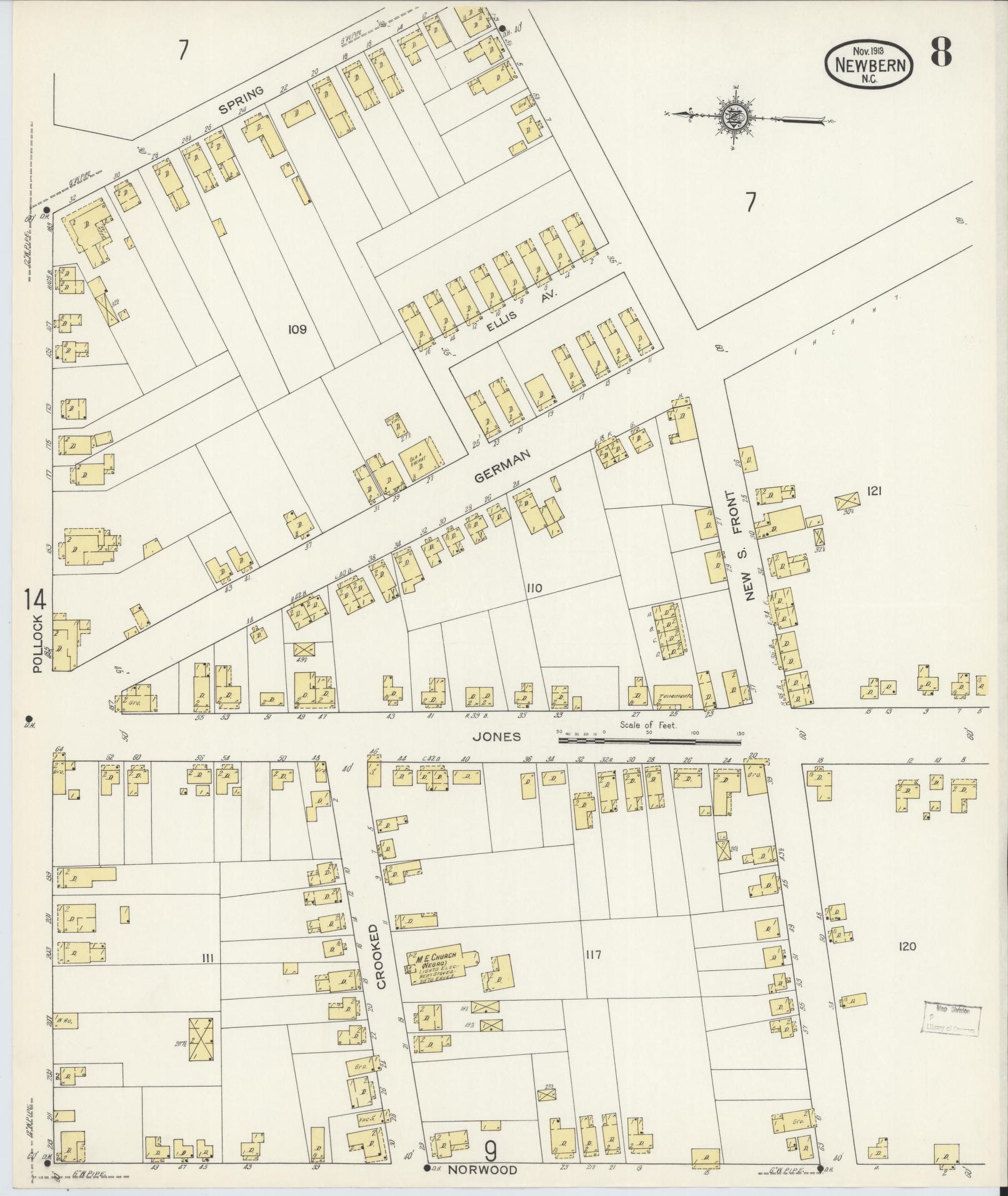 Sanborn Fire Insurance Map from New Bern, Craven County, North Carolina (1913), Sheet #0008 - Historic Sanborn Fire Insurance Map Print, vintage old map wall art, antique decor, genealogy gift, North Carolina North Carolina map