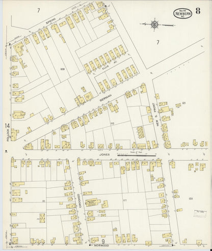 Sanborn Fire Insurance Map from New Bern, Craven County, North Carolina (1913), Sheet #0008 - Historic Sanborn Fire Insurance Map Print, vintage old map wall art, antique decor, genealogy gift, North Carolina North Carolina map