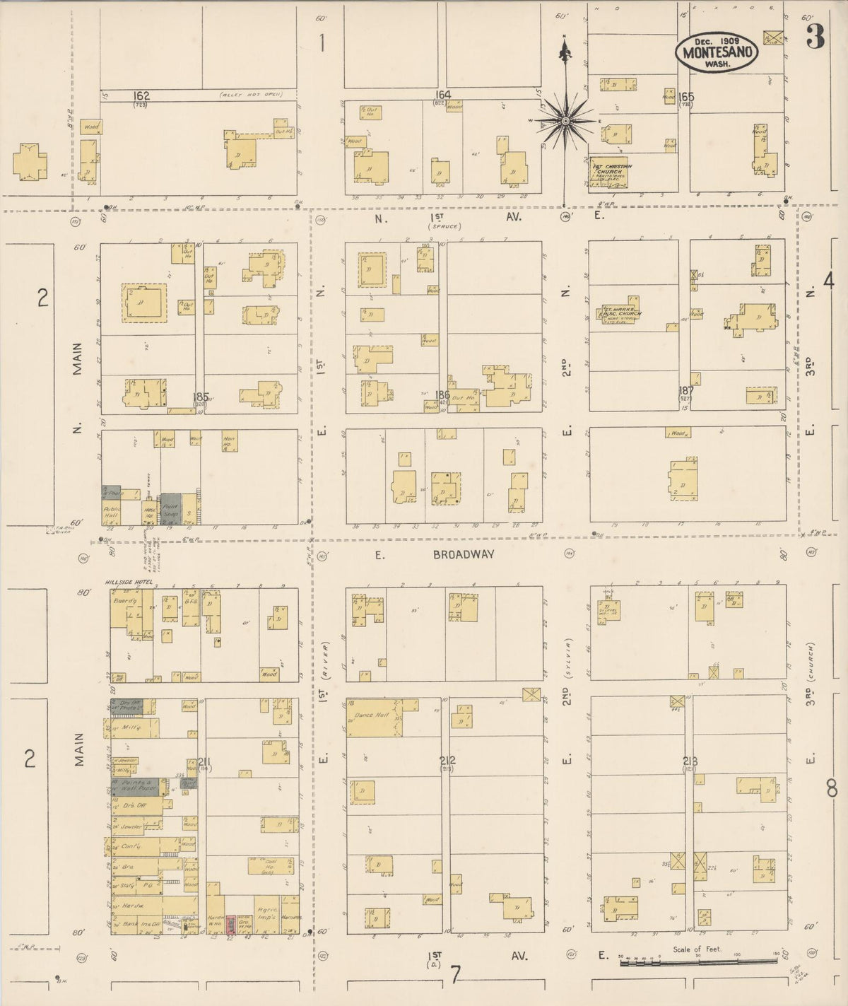 Sanborn Fire Insurance Map from Montesano, Grays Harbor County, Washington (1909), Sheet #0003 - Historic Sanborn Fire Insurance Map Print, vintage old map wall art, antique decor, genealogy gift, Washington Washington map