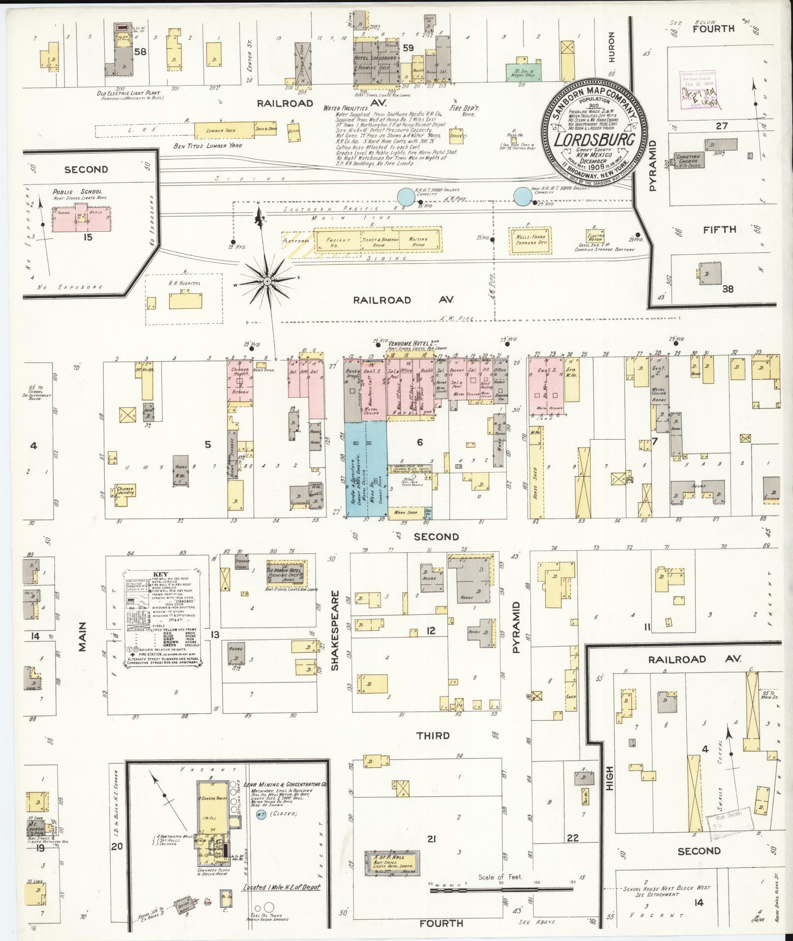 Sanborn Fire Insurance Map from Lordsburg, Hidalgo County, New Mexico (1908), Sheet #0001 - Historic Sanborn Fire Insurance Map Print, vintage old map wall art, antique decor, genealogy gift, New Mexico New Mexico map