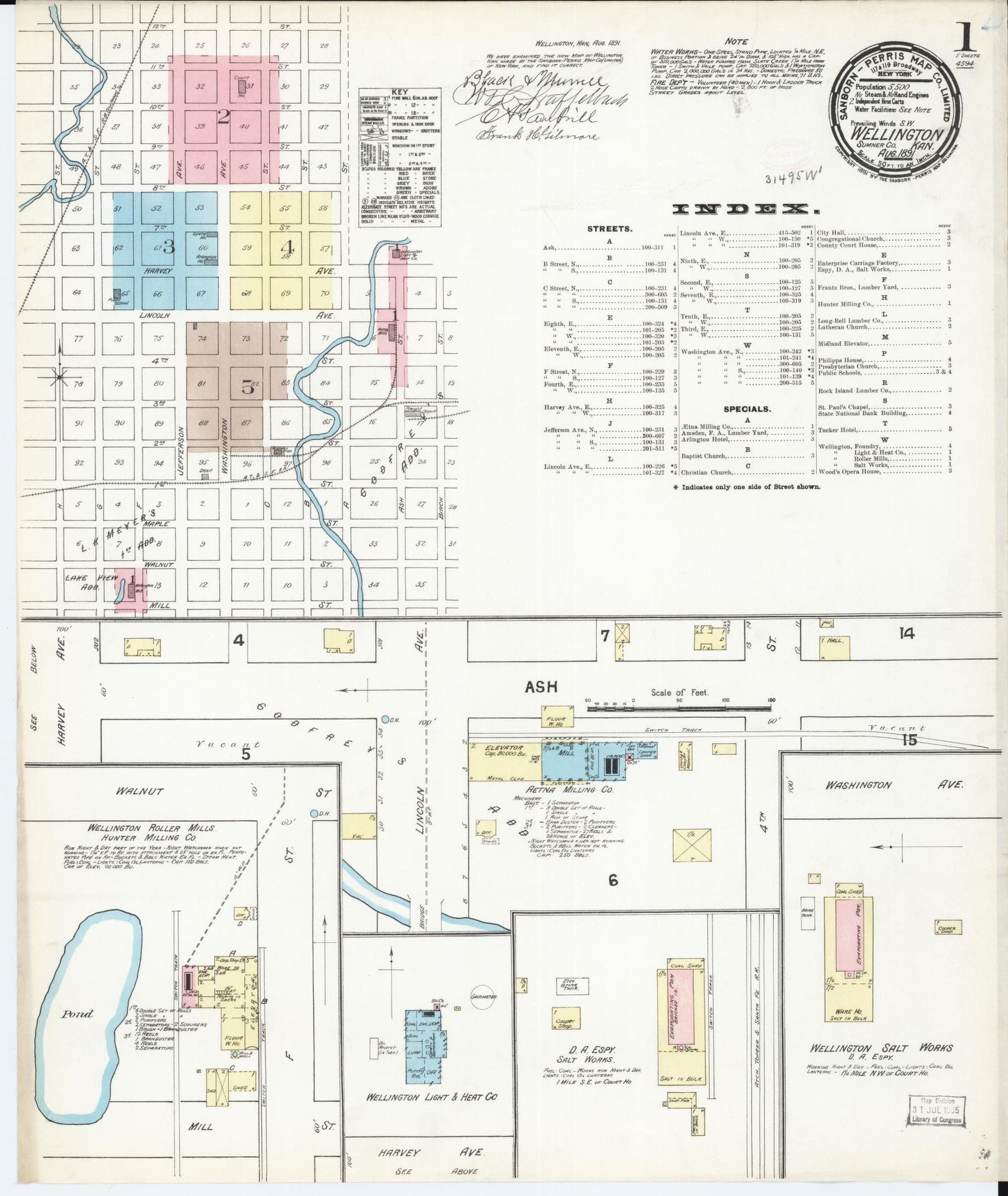 Sanborn Fire Insurance Map from Wellington, Sumner County, Kansas (1891), Sheet #0001 - Complete Map Set gallery image, historic Sanborn map, vintage wall art, Kansas Kansas