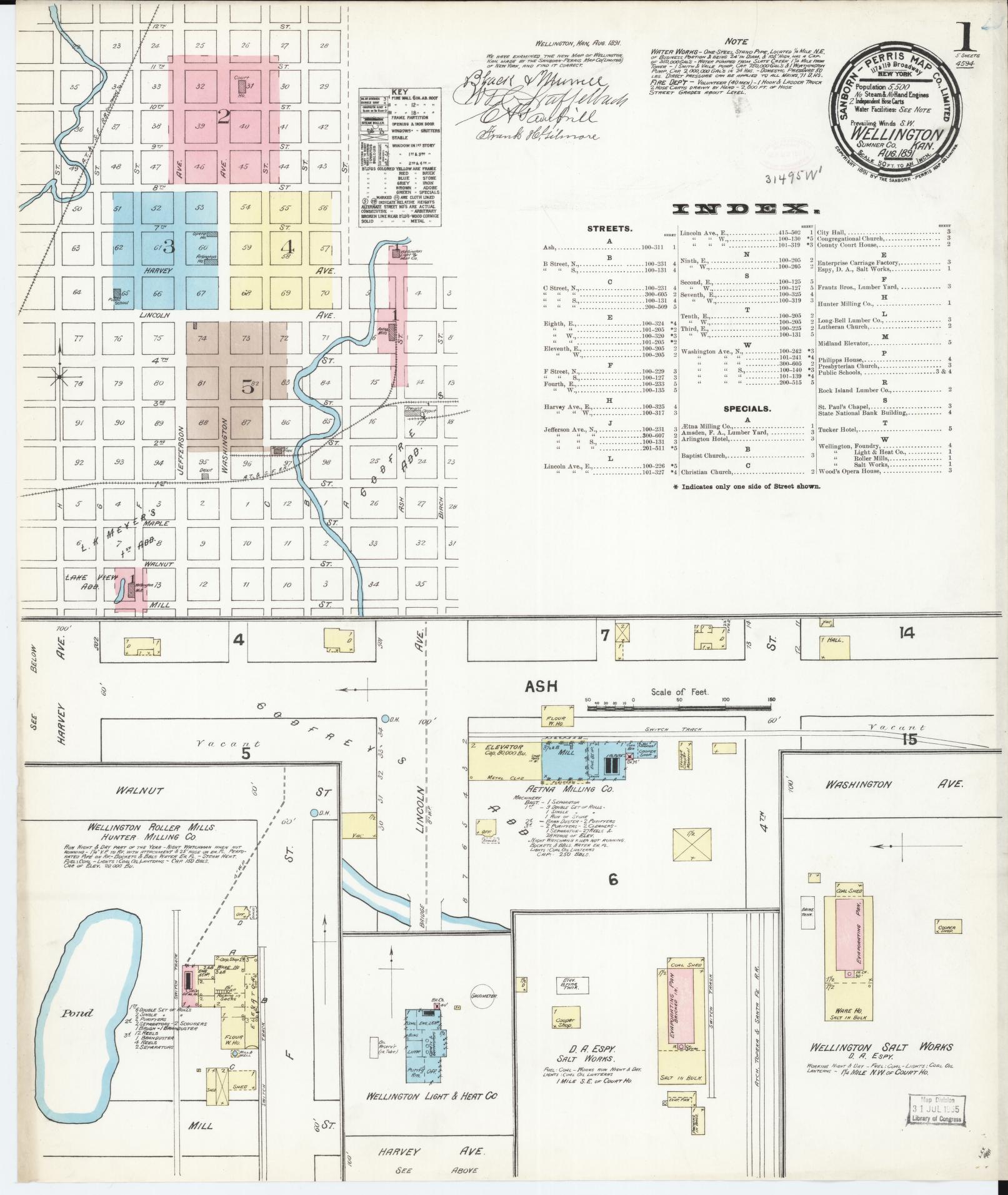 Sanborn Fire Insurance Map from Wellington, Sumner County, Kansas (1891), Sheet #0001 - Complete Map Set gallery image, historic Sanborn map, vintage wall art, Kansas Kansas