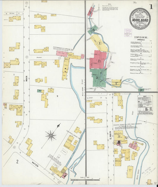 Sanborn Fire Insurance Map from Marlborough, Cheshire County, New Hampshire (1904), Sheet #0001 - Historic Sanborn Fire Insurance Map Print, vintage old map wall art, antique decor, genealogy gift, New Hampshire New Hampshire map