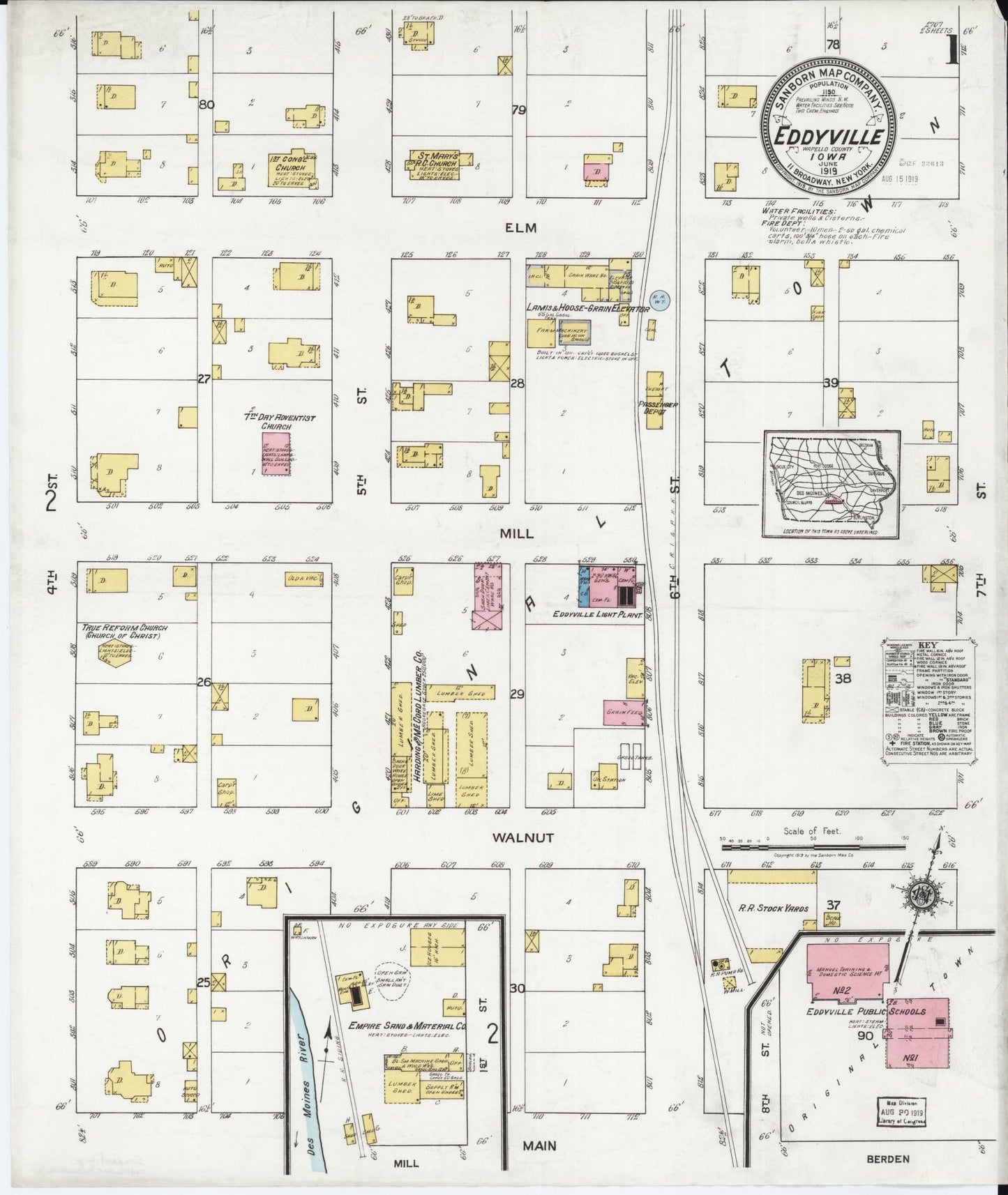 Sanborn Fire Insurance Map from Eddyville, Wapello County, Iowa (1919), Sheet #0001 - Historic Sanborn Fire Insurance Map Print, vintage old map wall art