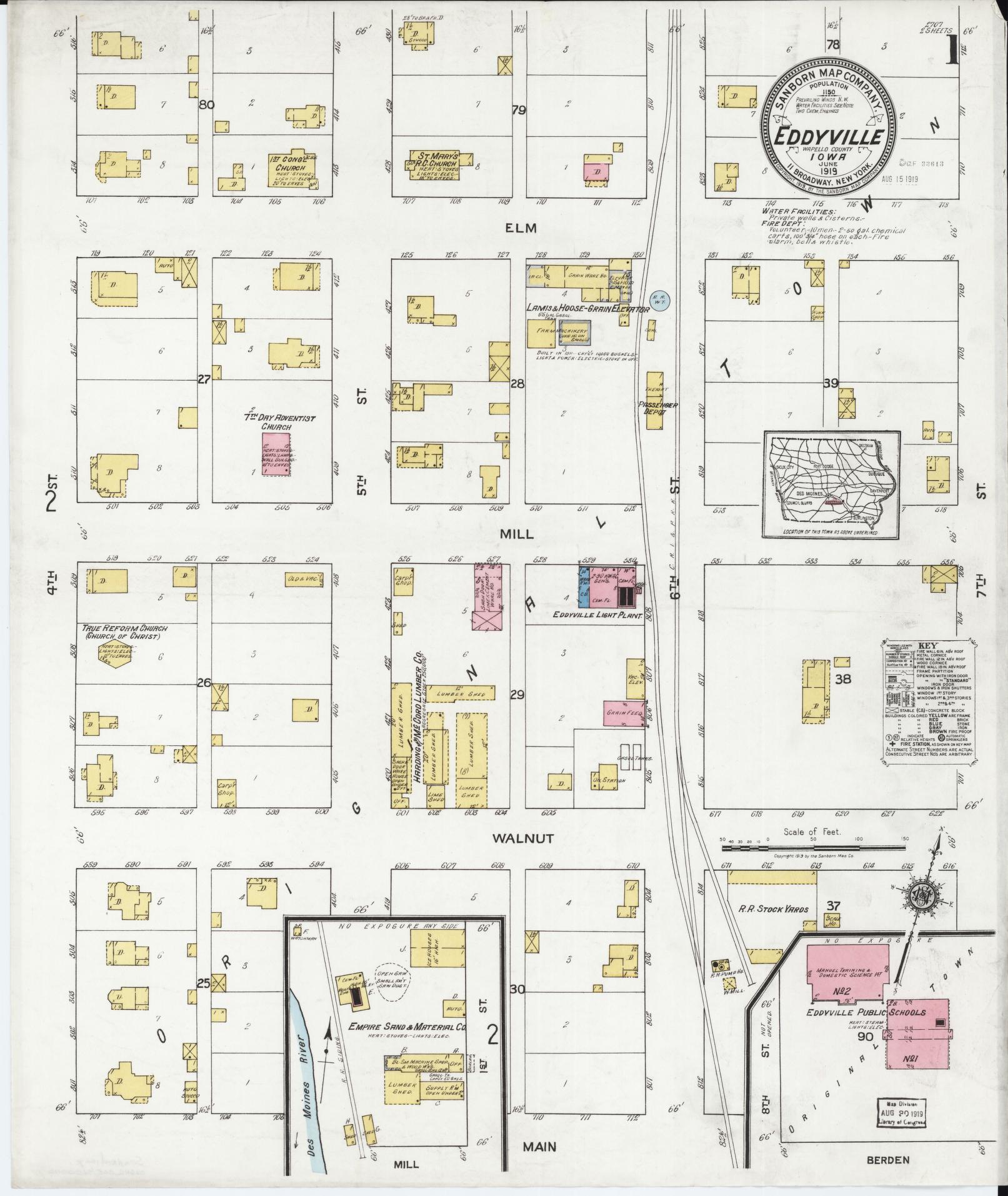 Sanborn Fire Insurance Map from Eddyville, Wapello County, Iowa (1919), Sheet #0001 - Historic Sanborn Fire Insurance Map Print, vintage old map wall art