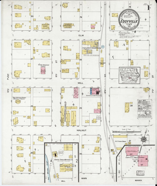 Sanborn Fire Insurance Map from Eddyville, Wapello County, Iowa (1919), Sheet #0001 - Historic Sanborn Fire Insurance Map Print, vintage old map wall art