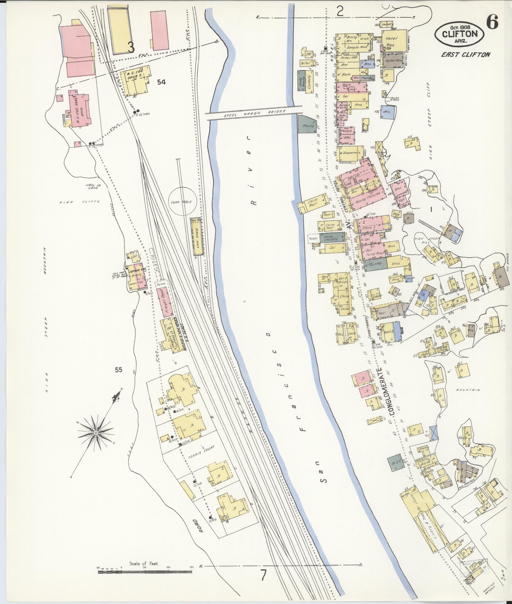 Sanborn Fire Insurance Map from Clifton, Greenlee County, Arizona (1908), Sheet #0006 - Historic Sanborn Fire Insurance Map Print, vintage old map wall art, antique decor, genealogy gift, Arizona Arizona map