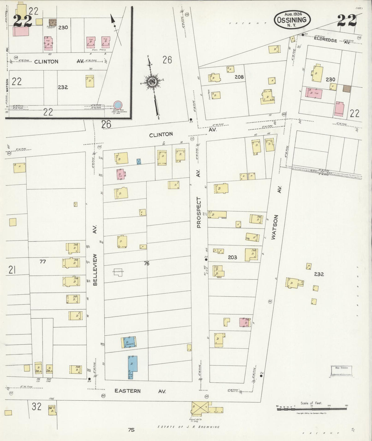 Sanborn Fire Insurance Map from Ossining, Westchester County, New York (1924), Sheet #0022 - Historic Sanborn Fire Insurance Map Print, vintage old map wall art, antique decor, genealogy gift, New York New York map