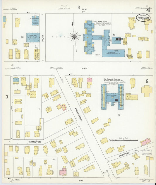 Sanborn Fire Insurance Map from Potsdam, St. Lawrence County, New York (1909), Sheet #0004 - Historic Sanborn Fire Insurance Map Print, vintage old map wall art, antique decor, genealogy gift, New York New York map