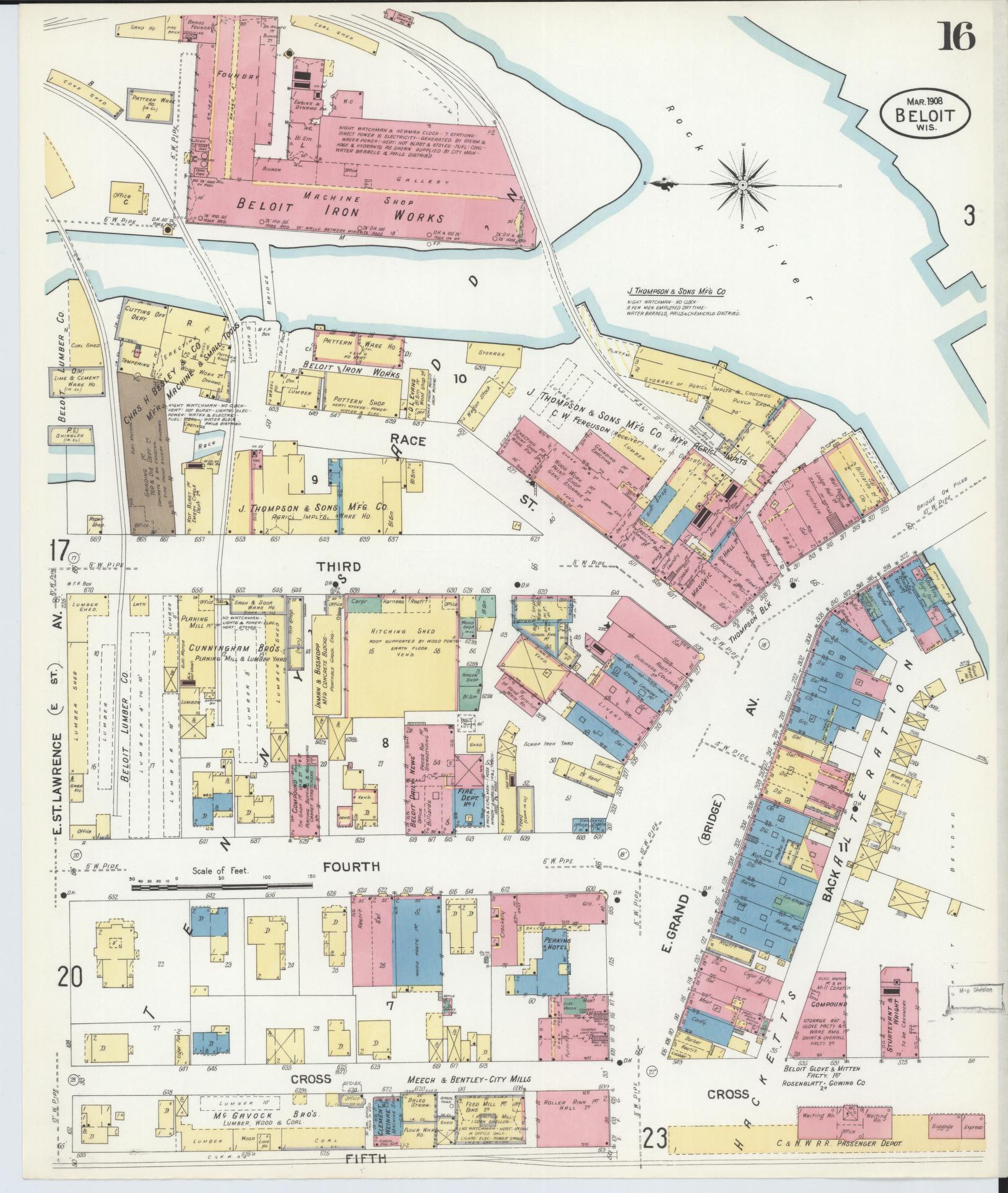 Sanborn Fire Insurance Map from Beloit, Rock County, Wisconsin (1908), Sheet #0016 - Complete Map Set gallery image, historic Sanborn map, vintage wall art, Wisconsin Wisconsin