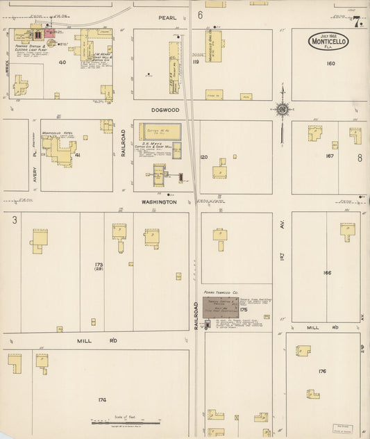 Sanborn Fire Insurance Map from Monticello, Jefferson County, Florida (1922), Sheet #0007 - Historic Sanborn Fire Insurance Map Print, vintage old map wall art, antique decor, genealogy gift, Florida Florida map