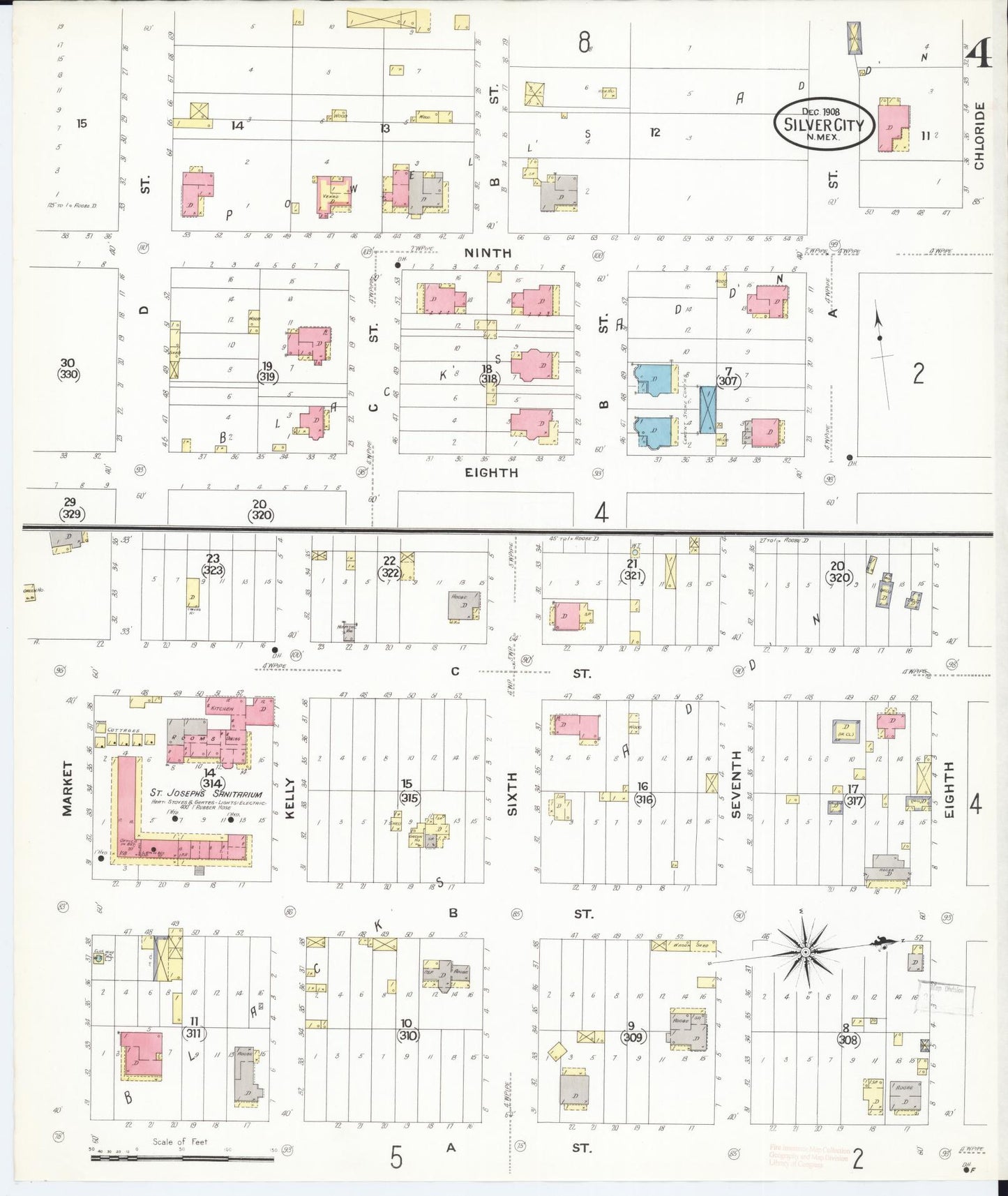 Sanborn Fire Insurance Map from Silver City, Grant County, New Mexico (1908), Sheet #0004 - Historic Sanborn Fire Insurance Map Print, vintage old map wall art, antique decor, genealogy gift, New Mexico New Mexico map