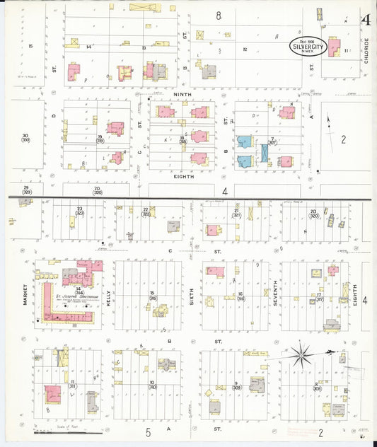 Sanborn Fire Insurance Map from Silver City, Grant County, New Mexico (1908), Sheet #0004 - Historic Sanborn Fire Insurance Map Print, vintage old map wall art, antique decor, genealogy gift, New Mexico New Mexico map