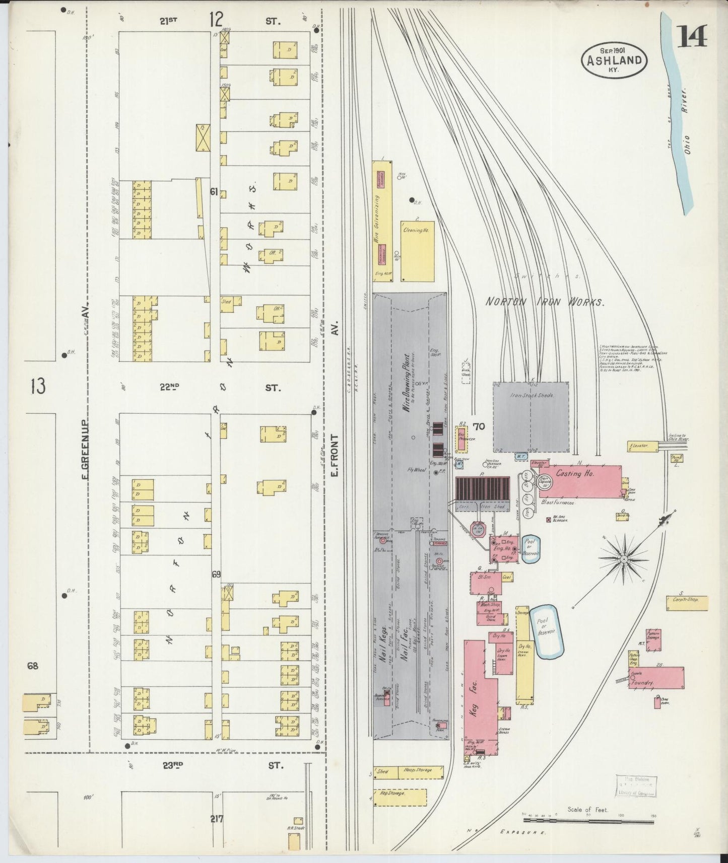 Sanborn Fire Insurance Map from Ashland, Boyd County, Kentucky (1901), Sheet #0014 - Historic Sanborn Fire Insurance Map Print, vintage old map wall art, antique decor, genealogy gift, Kentucky Kentucky map