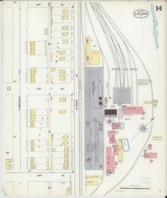 Sanborn Fire Insurance Map from Ashland, Boyd County, Kentucky (1901), Sheet #0014 - Historic Sanborn Fire Insurance Map Print, vintage old map wall art, antique decor, genealogy gift, Kentucky Kentucky map