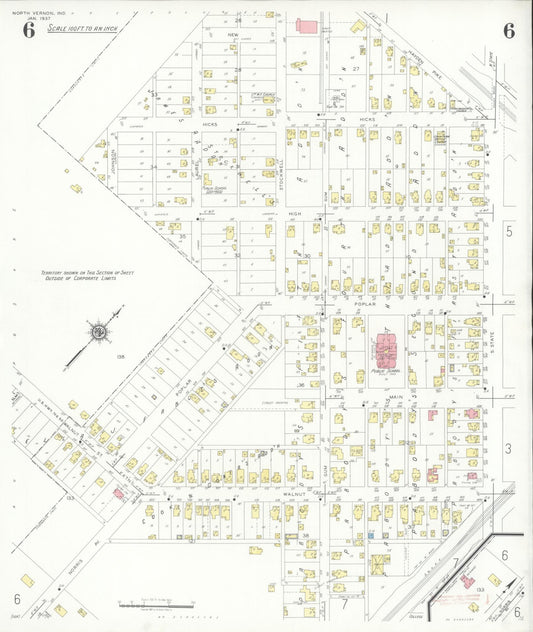 Sanborn Fire Insurance Map from North Vernon, Jennings County, Indiana (1937), Sheet #0006 - Historic Sanborn Fire Insurance Map Print, vintage old map wall art, antique decor, genealogy gift, Indiana Indiana map