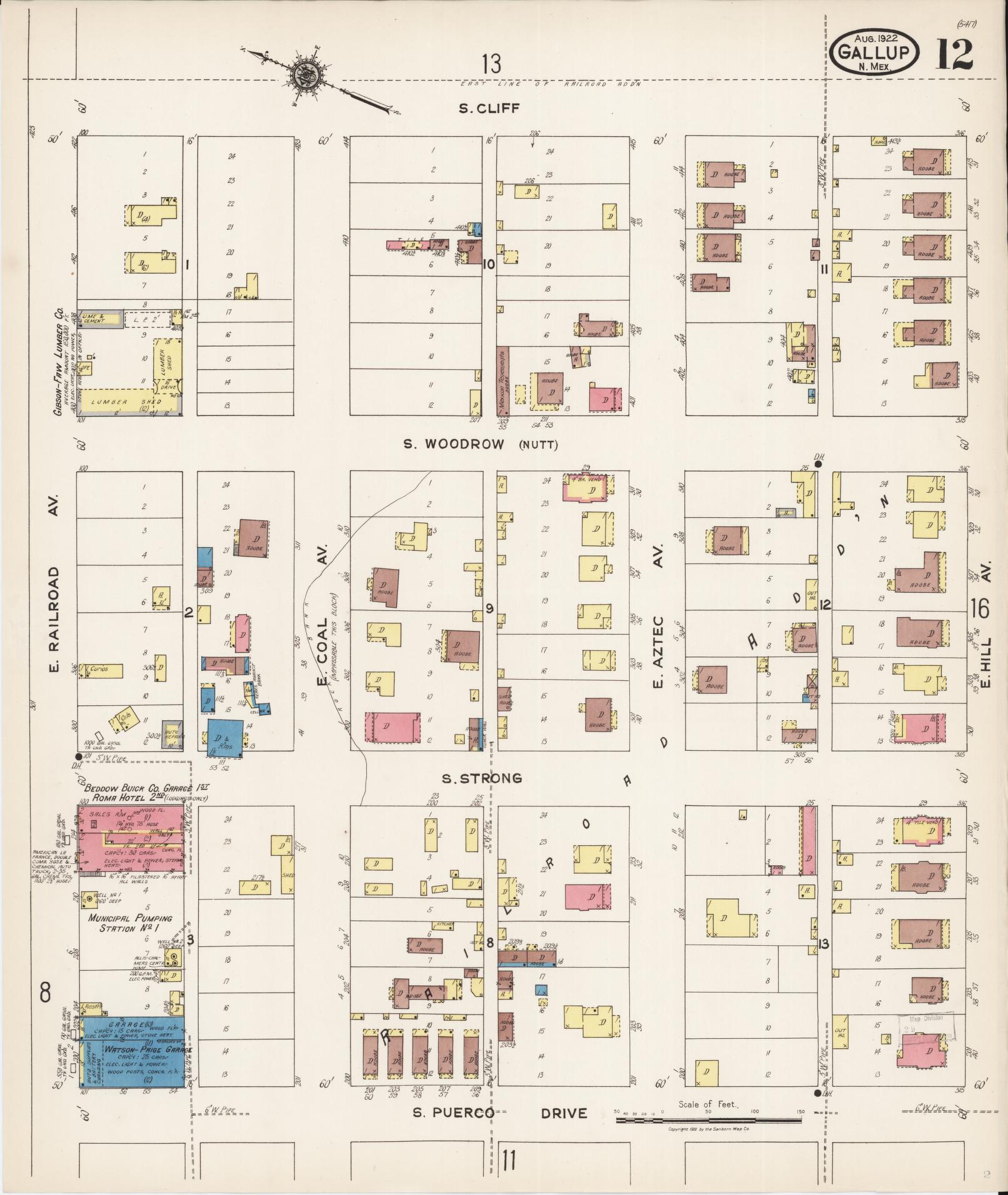Sanborn Fire Insurance Map from Gallup, Mckinley County, New Mexico (1922), Sheet #0012 - Historic Sanborn Fire Insurance Map Print, vintage old map wall art, antique decor, genealogy gift, New Mexico New Mexico map