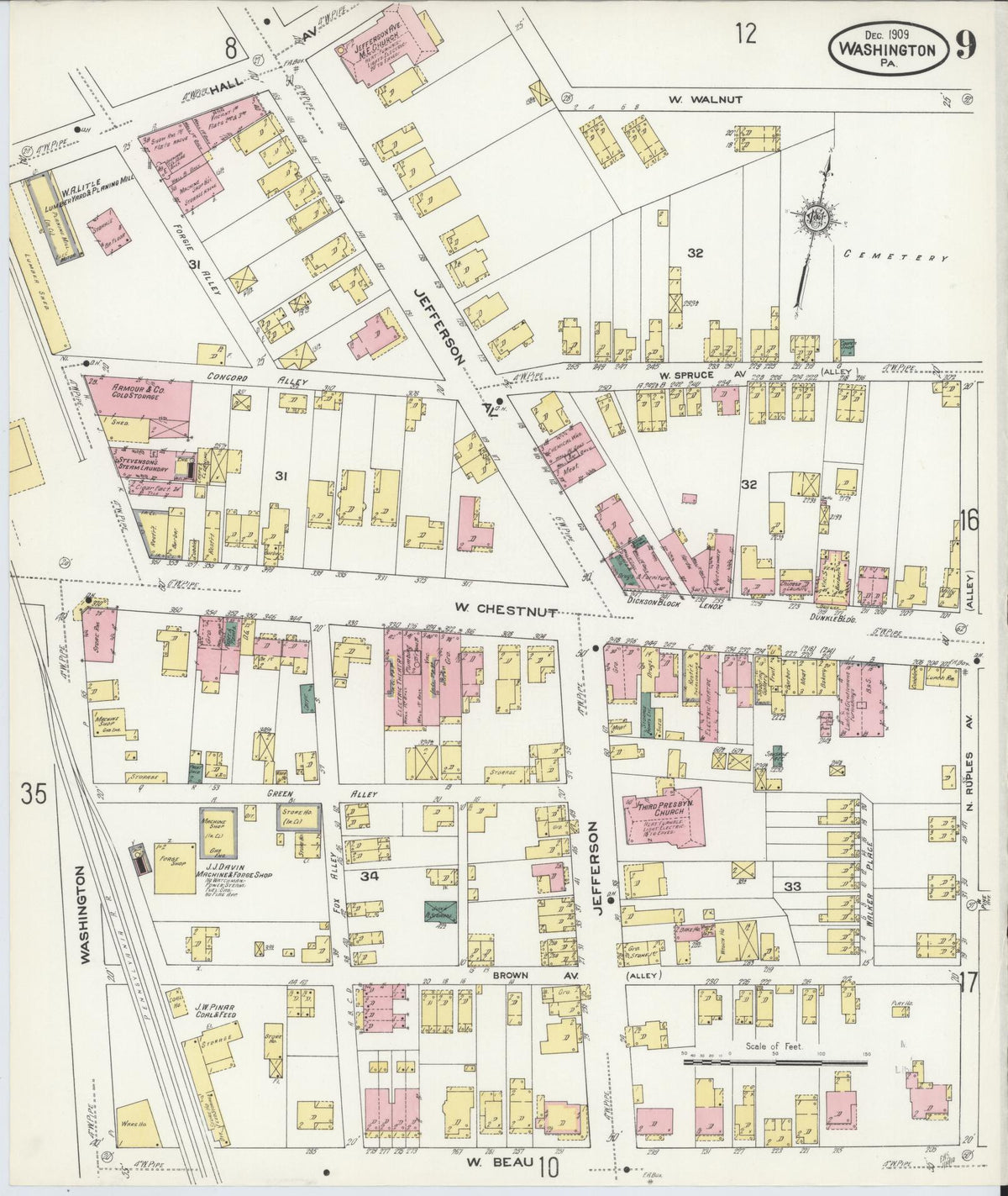 Sanborn Fire Insurance Map from Washington, Washington County, Pennsylvania (1909), Sheet #0009 - Historic Sanborn Fire Insurance Map Print, vintage old map wall art, antique decor, genealogy gift, Pennsylvania Pennsylvania map