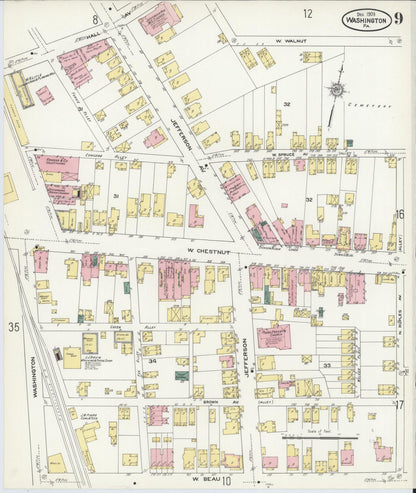 Sanborn Fire Insurance Map from Washington, Washington County, Pennsylvania (1909), Sheet #0009 - Historic Sanborn Fire Insurance Map Print, vintage old map wall art, antique decor, genealogy gift, Pennsylvania Pennsylvania map