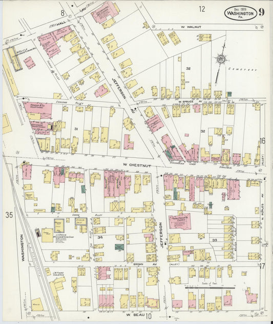 Sanborn Fire Insurance Map from Washington, Washington County, Pennsylvania (1909), Sheet #0009 - Historic Sanborn Fire Insurance Map Print, vintage old map wall art, antique decor, genealogy gift, Pennsylvania Pennsylvania map