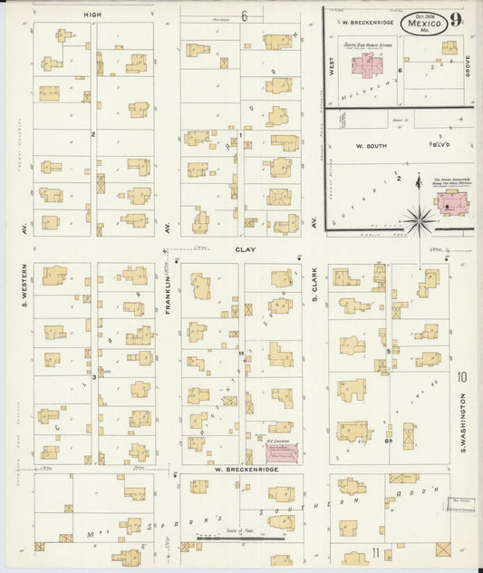 Sanborn Fire Insurance Map from Mexico, Audrain County, Missouri (1908), Sheet #0009 - Historic Sanborn Fire Insurance Map Print, vintage old map wall art, antique decor, genealogy gift, Missouri Missouri map