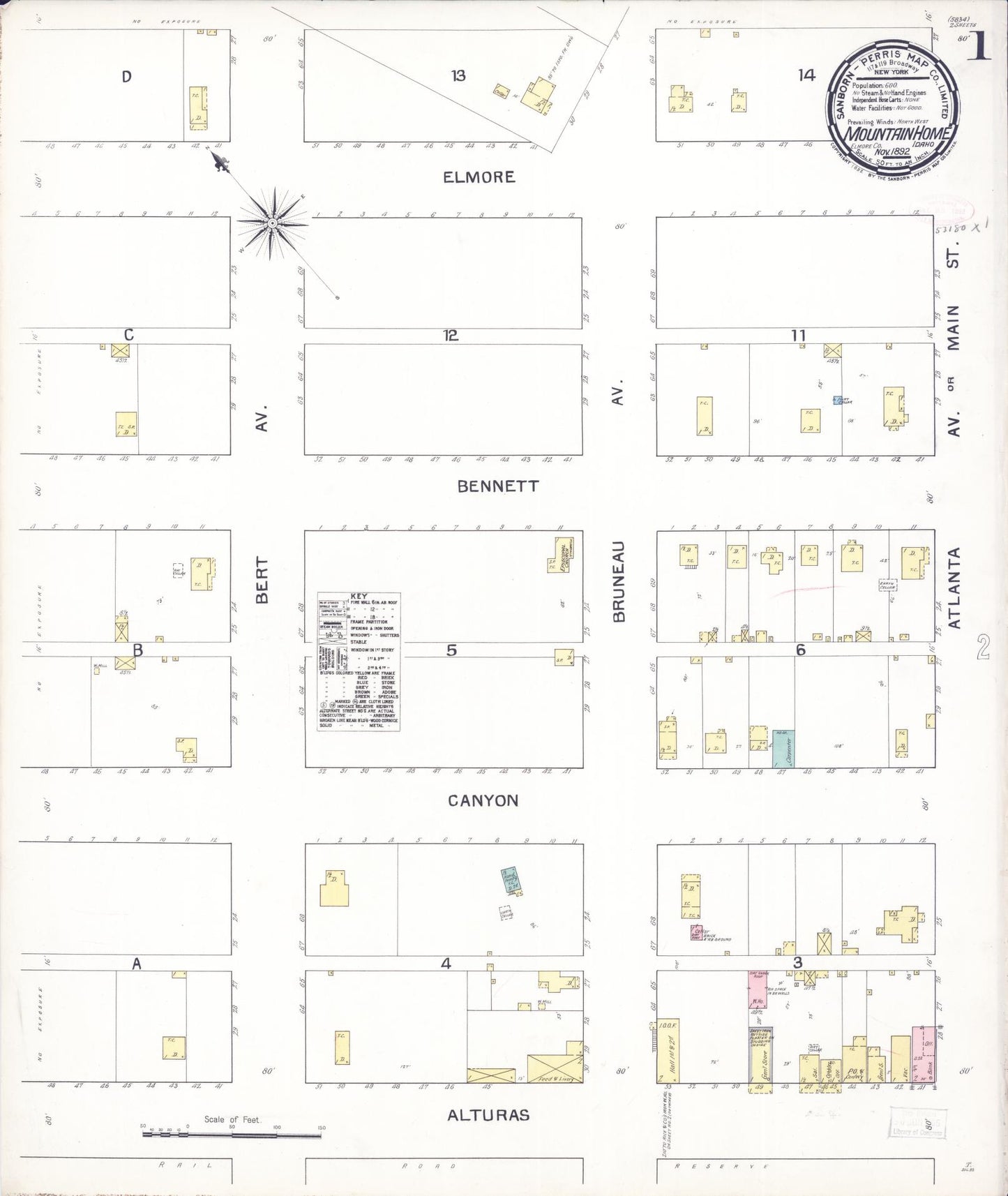 Sanborn Fire Insurance Map from Mountain Home, Elmore County, Idaho (1892), Sheet #0001 - Historic Sanborn Fire Insurance Map Print, vintage old map wall art, antique decor, genealogy gift, Idaho Idaho map