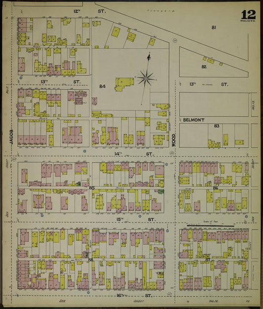 Sanborn Fire Insurance Map from Wheeling, Ohio County, West Virginia (1890), Sheet #0012 - Historic Sanborn Fire Insurance Map Print, vintage old map wall art, antique decor, genealogy gift, West Virginia West Virginia map