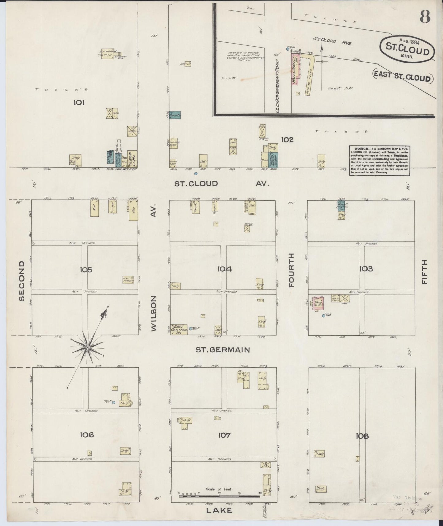 Sanborn Fire Insurance Map from Saint Cloud, Stearns, Benton, and Sherburne Counties, Minnesota (1884), Sheet #0008 - Complete Map Set gallery image, historic Sanborn map, vintage wall art, Minnesota Minnesota