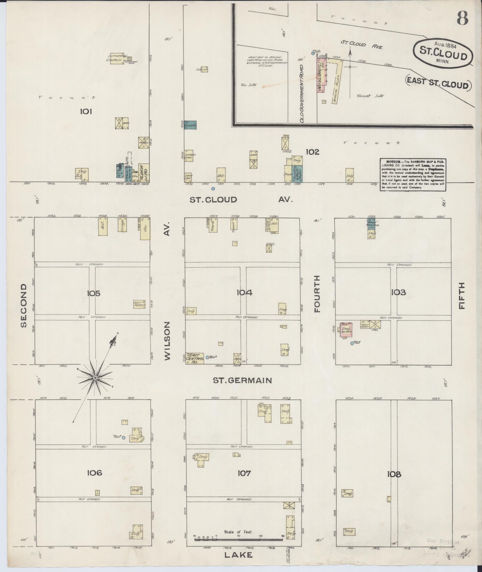 Sanborn Fire Insurance Map from Saint Cloud, Stearns, Benton, and Sherburne Counties, Minnesota (1884), Sheet #0008 - Complete Map Set gallery image, historic Sanborn map, vintage wall art, Minnesota Minnesota