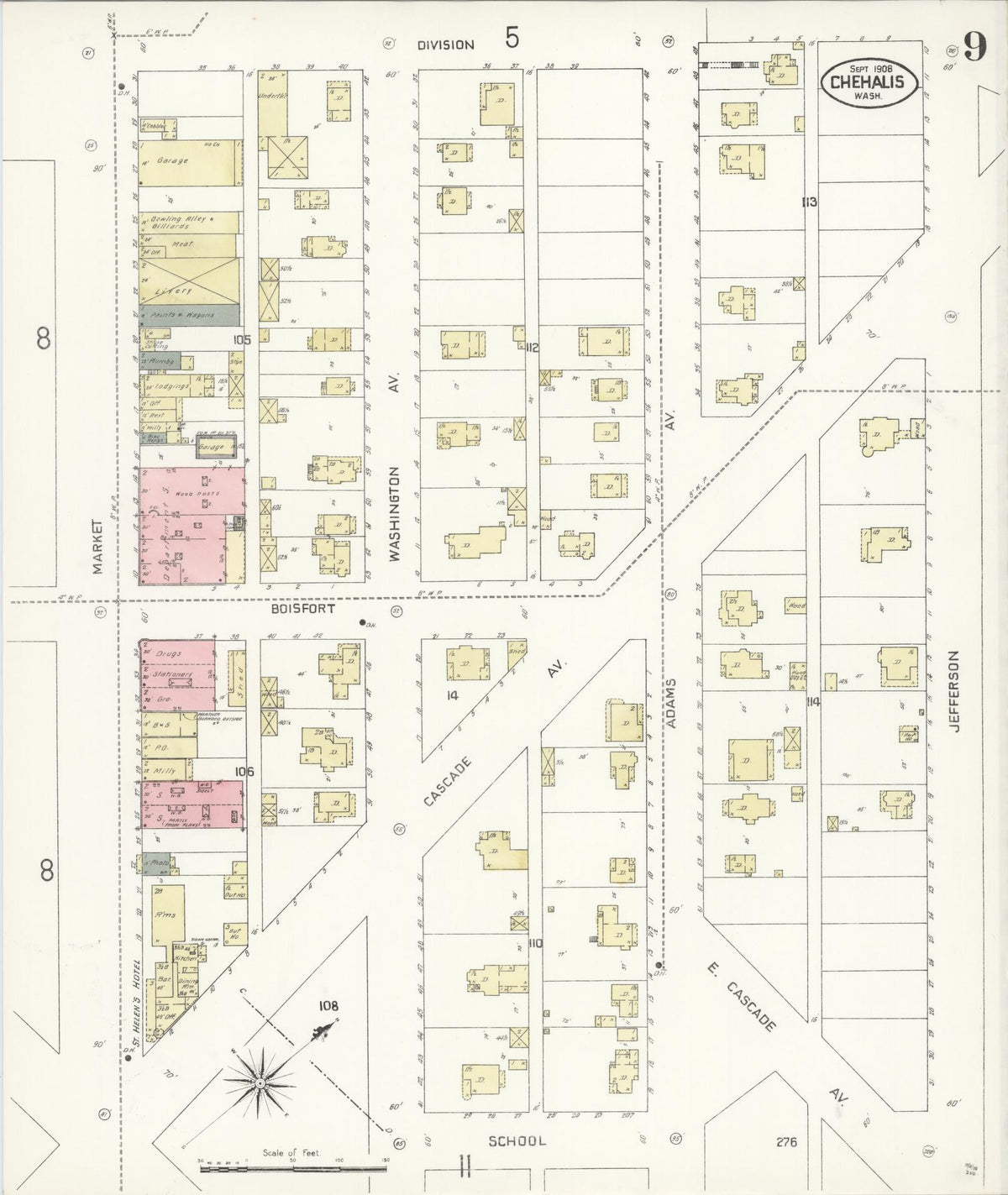 Sanborn Fire Insurance Map from Chehalis, Lewis County, Washington (1908), Sheet #0009 - Historic Sanborn Fire Insurance Map Print, vintage old map wall art, antique decor, genealogy gift, Washington Washington map