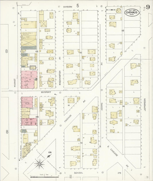 Sanborn Fire Insurance Map from Chehalis, Lewis County, Washington (1908), Sheet #0009 - Historic Sanborn Fire Insurance Map Print, vintage old map wall art, antique decor, genealogy gift, Washington Washington map