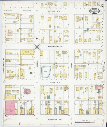 Sanborn Fire Insurance Map from Tomahawk, Lincoln County, Wisconsin (1908), Sheet #0003 - Historic Sanborn Fire Insurance Map Print, vintage old map wall art, antique decor, genealogy gift, Wisconsin Wisconsin map