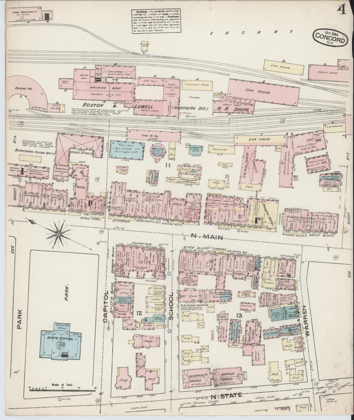 Sanborn Fire Insurance Map from Concord, Merrimack County, New Hampshire (1884), Sheet #0004 - Historic Sanborn Fire Insurance Map Print, vintage old map wall art, antique decor, genealogy gift, New Hampshire New Hampshire map