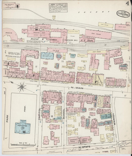 Sanborn Fire Insurance Map from Concord, Merrimack County, New Hampshire (1884), Sheet #0004 - Historic Sanborn Fire Insurance Map Print, vintage old map wall art, antique decor, genealogy gift, New Hampshire New Hampshire map