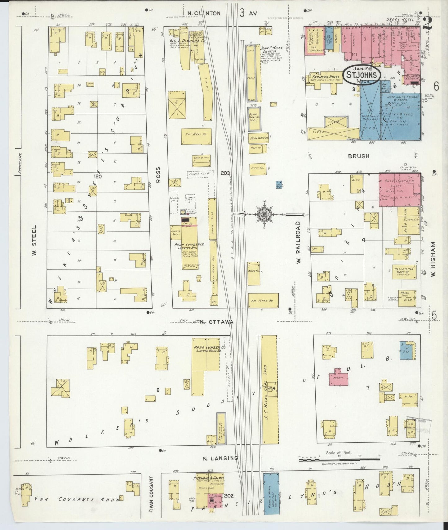 Sanborn Fire Insurance Map from Saint Johns, Clinton County, Michigan (1918), Sheet #0002 - Complete Map Set gallery image, historic Sanborn map, vintage wall art, Michigan Michigan
