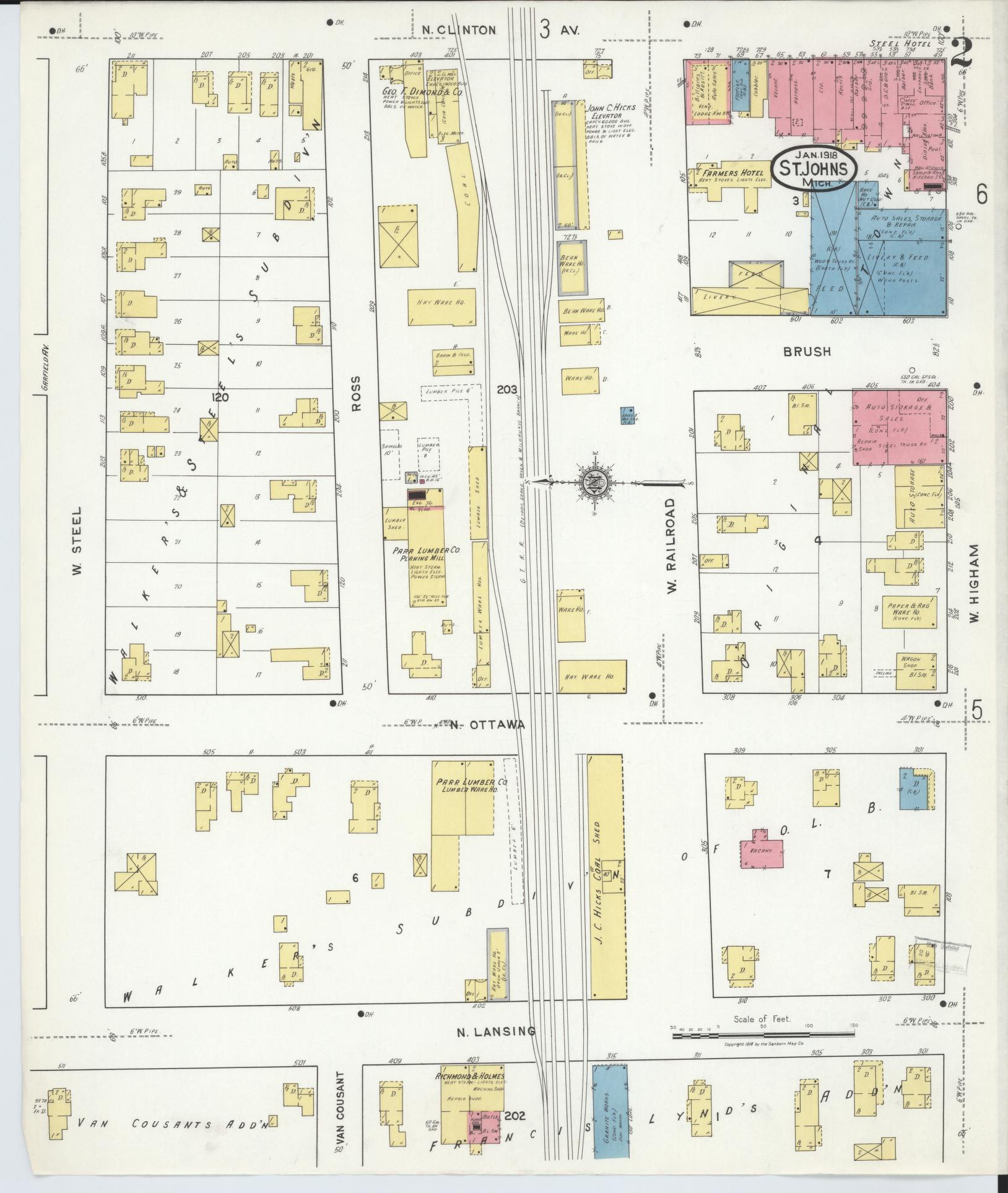 Sanborn Fire Insurance Map from Saint Johns, Clinton County, Michigan (1918), Sheet #0002 - Complete Map Set gallery image, historic Sanborn map, vintage wall art, Michigan Michigan
