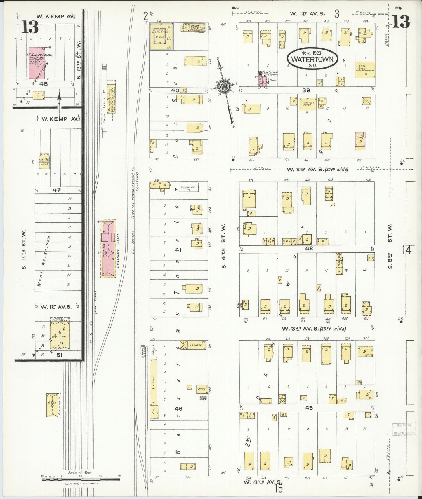 Sanborn Fire Insurance Map from Watertown, Codington County, South Dakota (1923), Sheet #0013 - Complete Map Set gallery image, historic Sanborn map, vintage wall art, South Dakota South Dakota