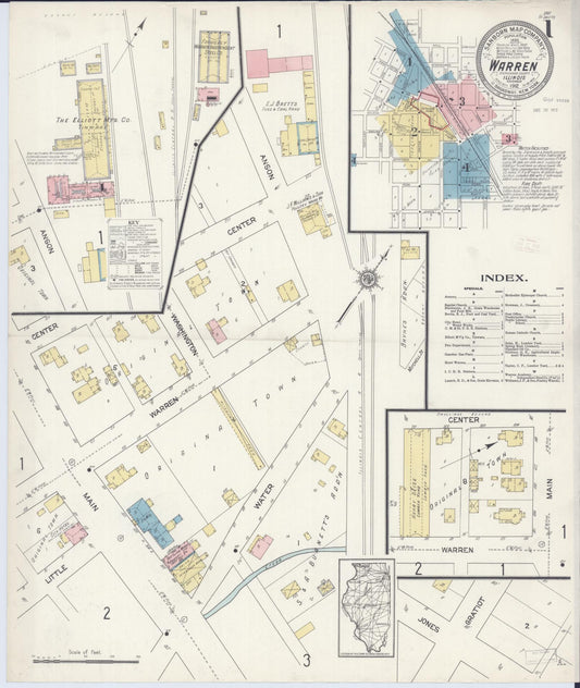 Sanborn Fire Insurance Map from Warren, Jo Daviess County, Illinois (1912), Sheet #0001 - Historic Sanborn Fire Insurance Map Print, vintage old map wall art, antique decor, genealogy gift, Illinois Illinois map