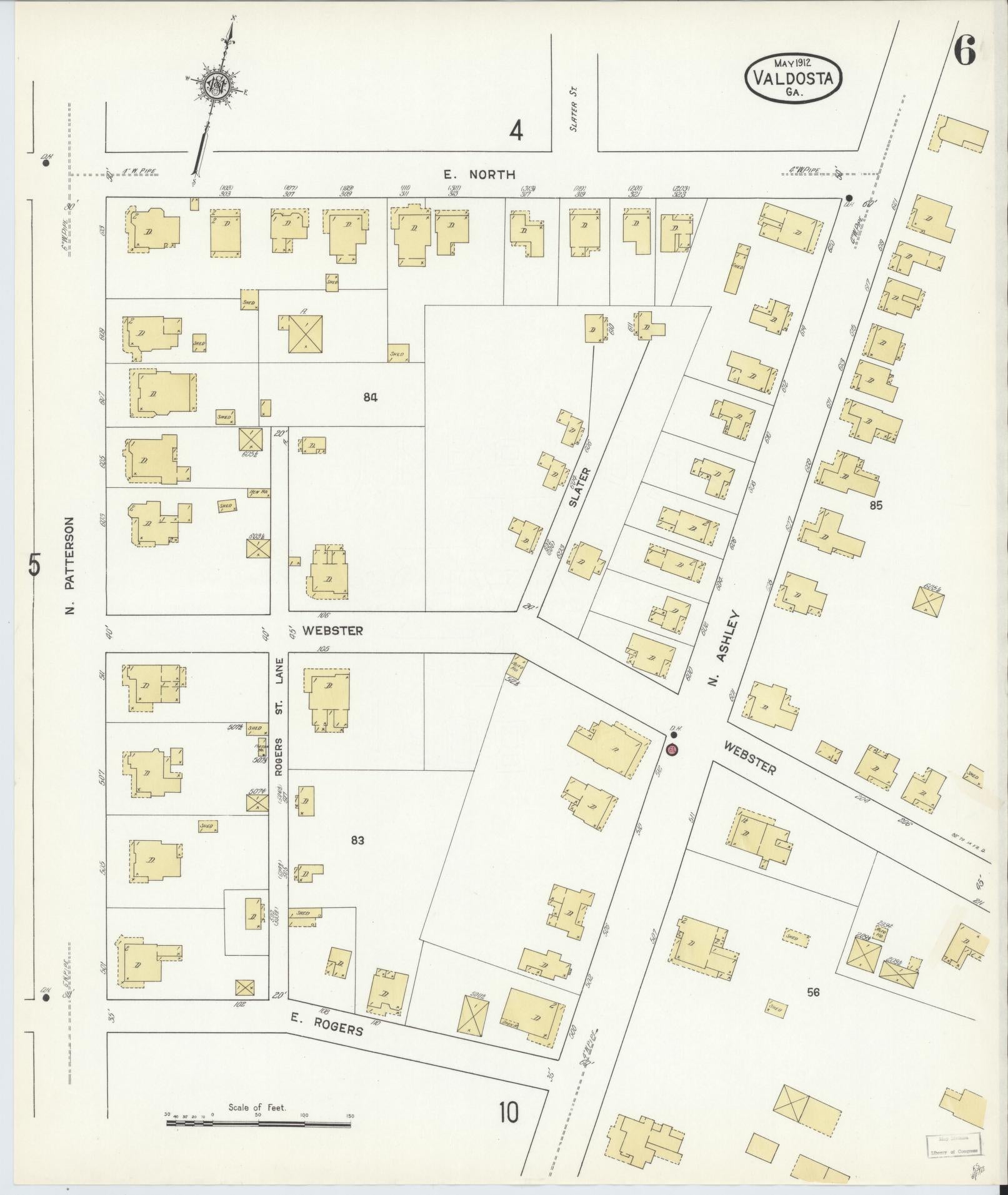 Sanborn Fire Insurance Map from Valdosta, Lowndes County, Georgia (1912), Sheet #0006 - Historic Sanborn Fire Insurance Map Print, vintage old map wall art, antique decor, genealogy gift, Georgia Georgia map