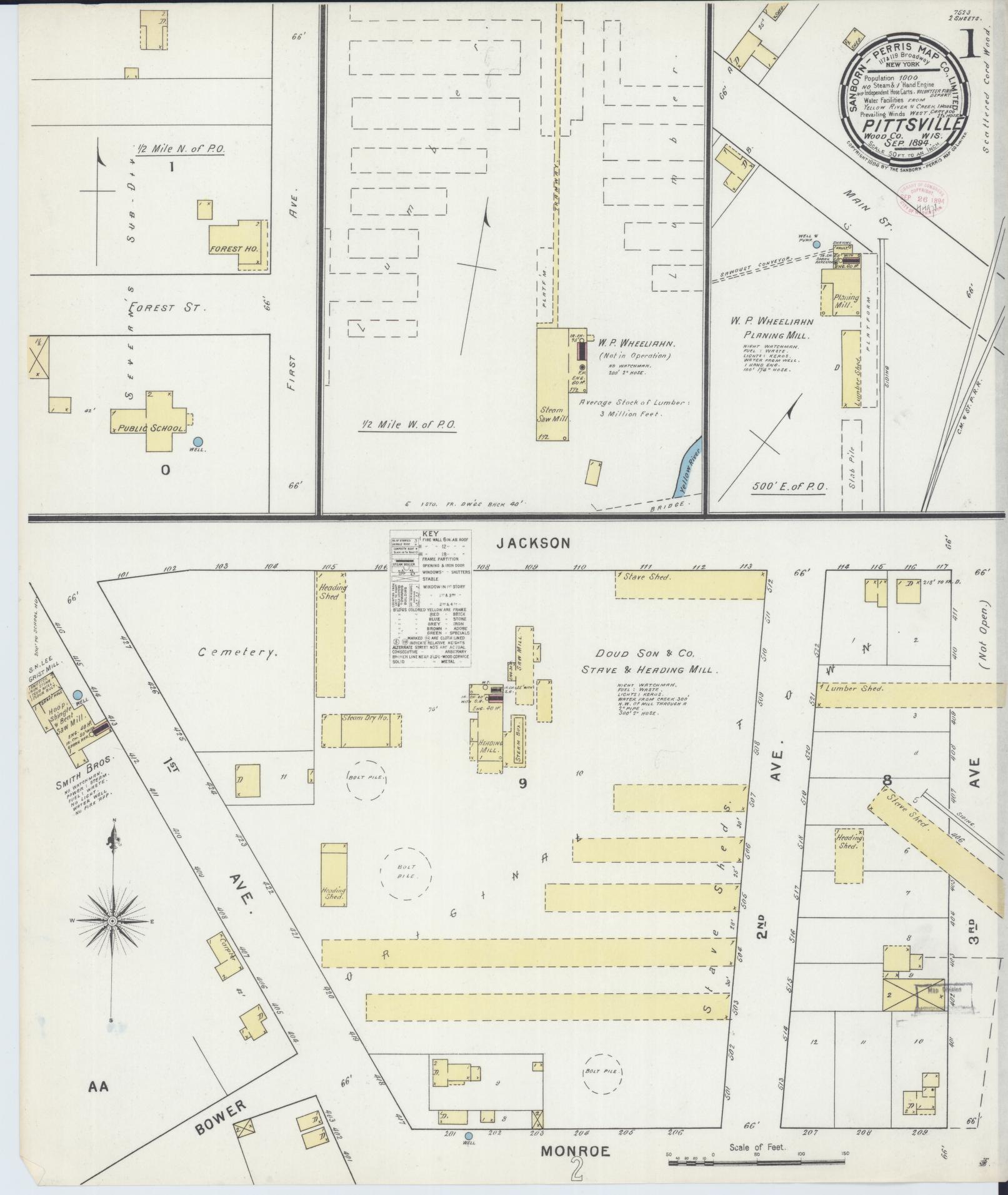 Sanborn Fire Insurance Map from Pittsville, Wood County, Wisconsin (1894), Sheet #0001 - Historic Sanborn Fire Insurance Map Print, vintage old map wall art, antique decor, genealogy gift, Wisconsin Wisconsin map