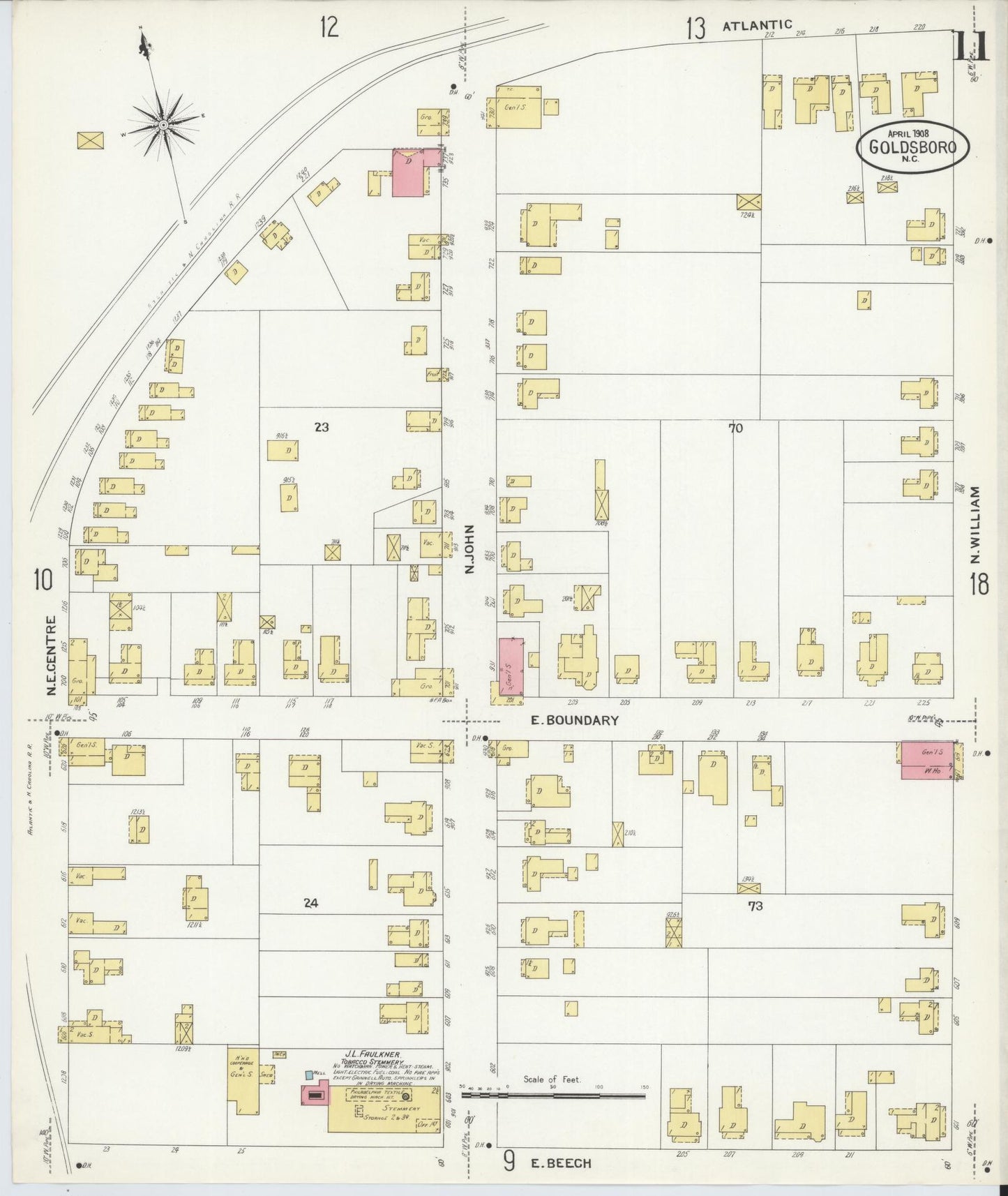 Sanborn Fire Insurance Map from Goldsboro, Wayne County, North Carolina (1908), Sheet #0011 - Complete Map Set gallery image, historic Sanborn map, vintage wall art, North Carolina North Carolina