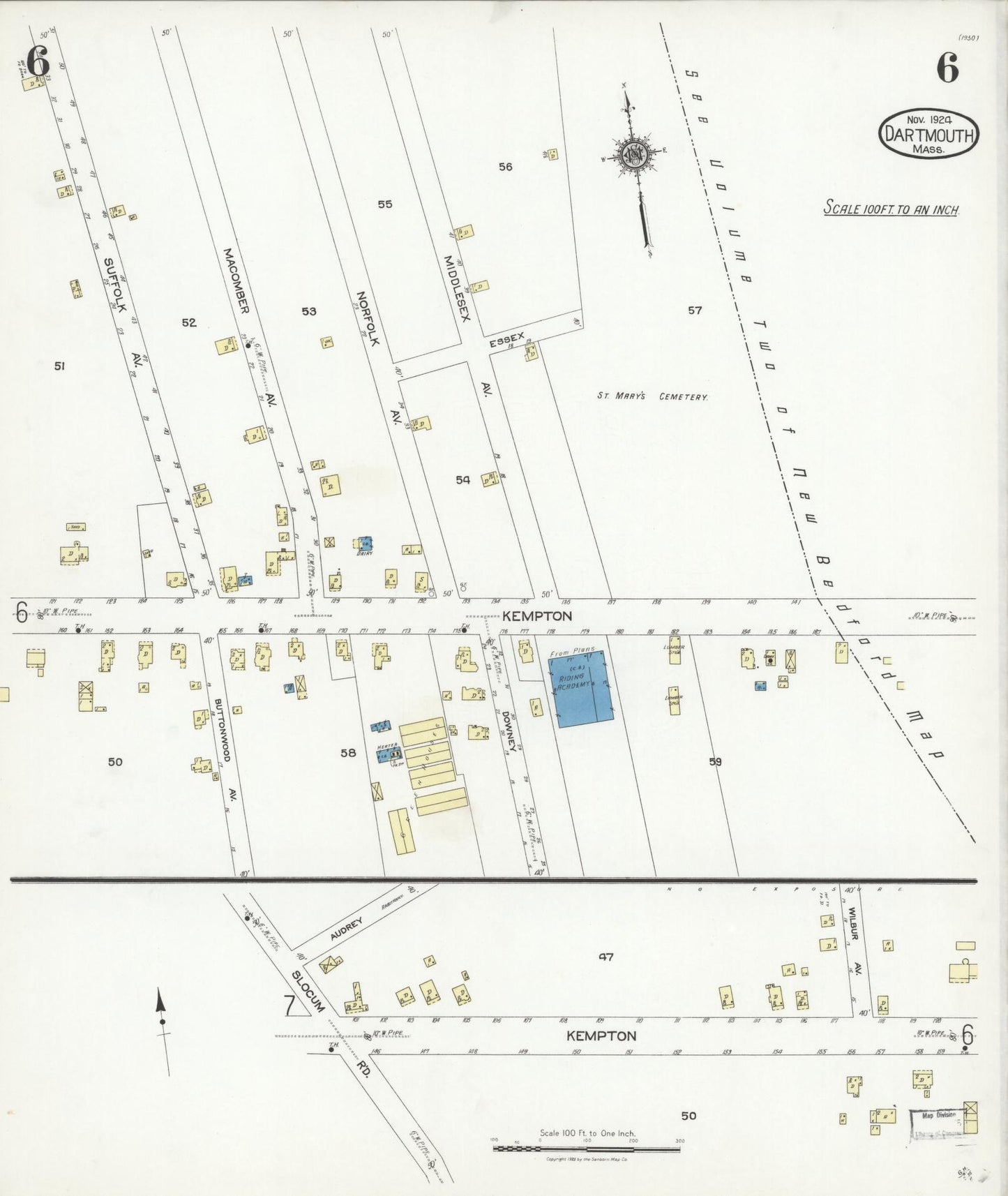 Sanborn Fire Insurance Map from Dartmouth, Bristol County, Massachusetts (1924), Sheet #0006 - Historic Sanborn Fire Insurance Map Print, vintage old map wall art, antique decor, genealogy gift, Massachusetts Massachusetts map