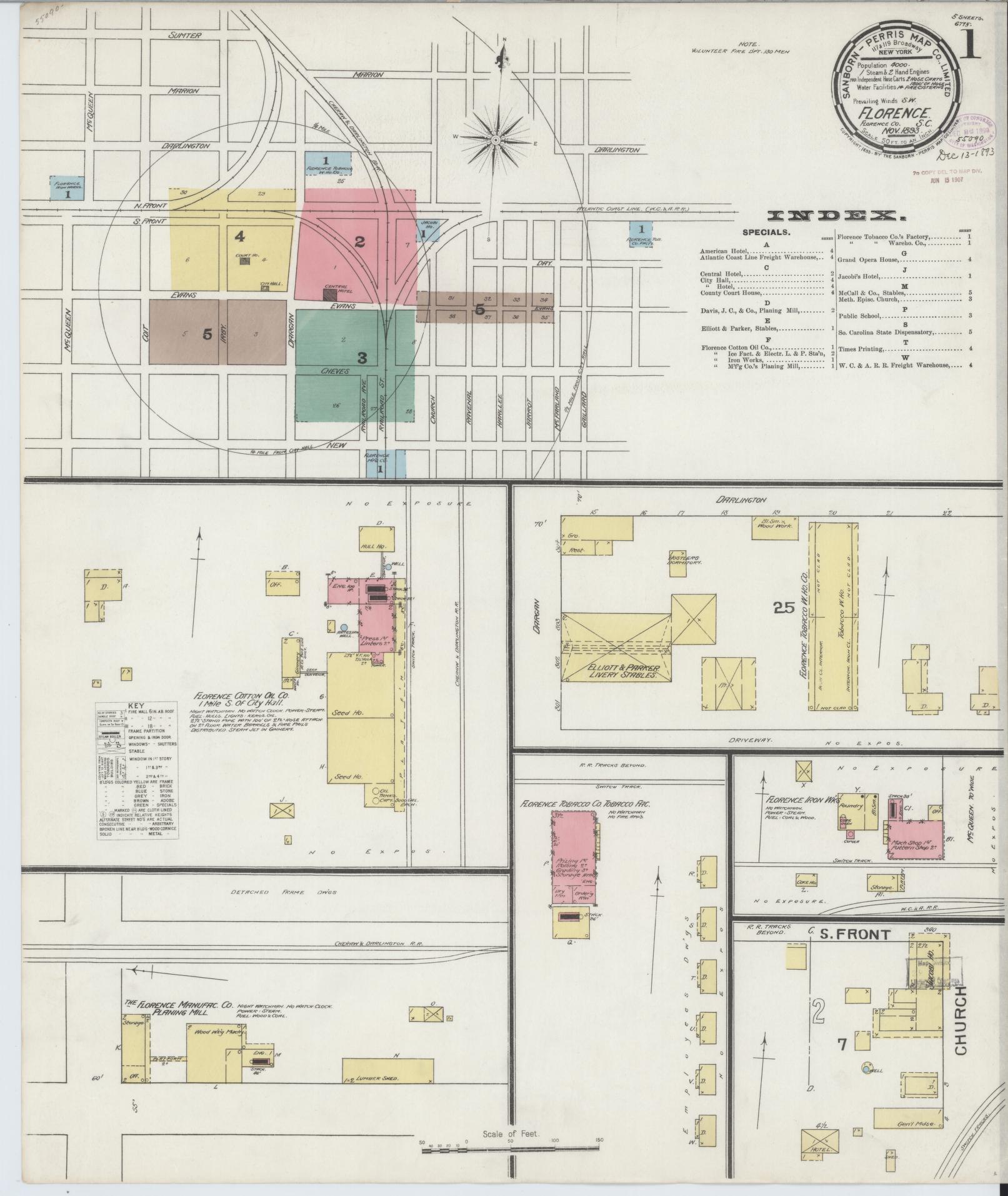 Sanborn Fire Insurance Map from Florence, Florence County, South Carolina (1893), Sheet #0001 - Complete Map Set gallery image, historic Sanborn map, vintage wall art, South Carolina South Carolina