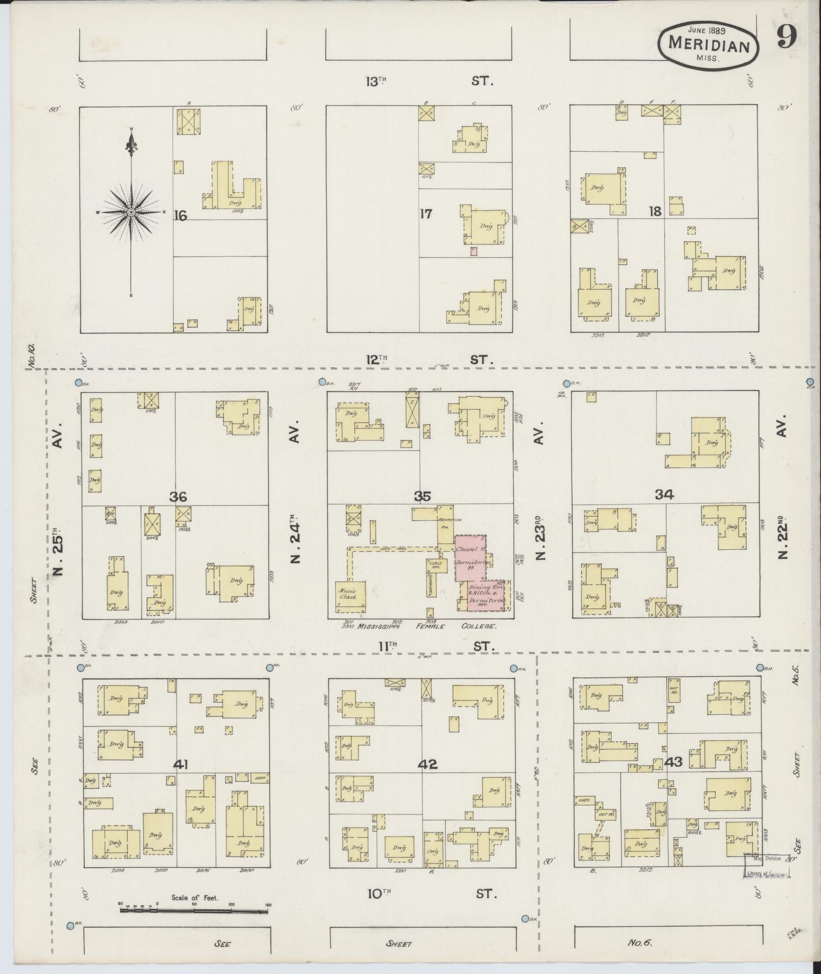 Sanborn Fire Insurance Map from Meridian, Lauderdale County, Mississippi (1889), Sheet #0009 - Historic Sanborn Fire Insurance Map Print, vintage old map wall art, antique decor, genealogy gift, Mississippi Mississippi map