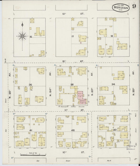 Sanborn Fire Insurance Map from Meridian, Lauderdale County, Mississippi (1889), Sheet #0009 - Historic Sanborn Fire Insurance Map Print, vintage old map wall art, antique decor, genealogy gift, Mississippi Mississippi map