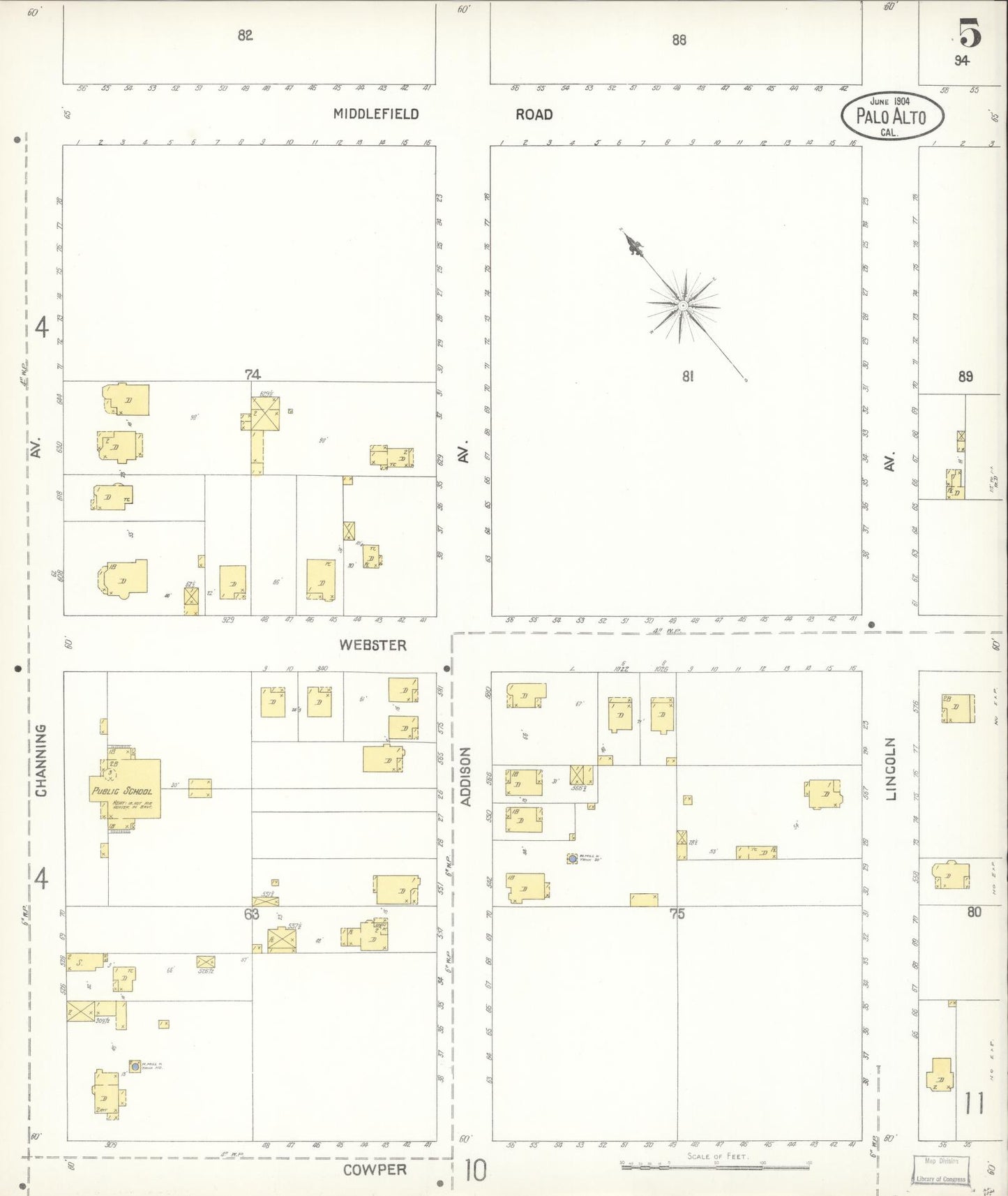 Sanborn Fire Insurance Map from Palo Alto, Santa Clara County, California (1904), Sheet #0005 - Complete Map Set gallery image, historic Sanborn map, vintage wall art, California California