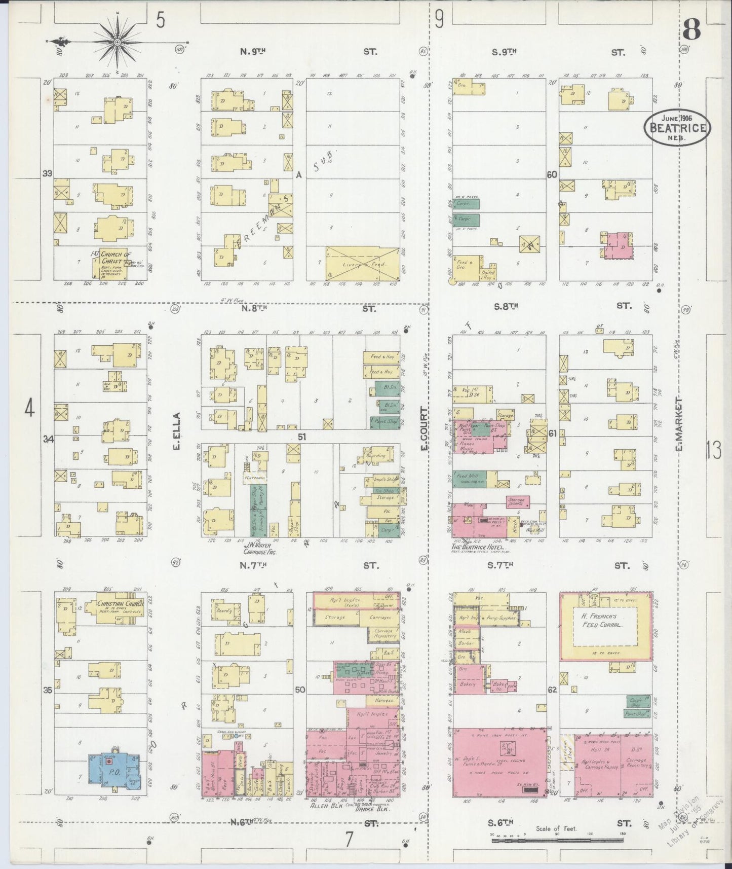 Sanborn Fire Insurance Map from Beatrice, Gage County, Nebraska (1906), Sheet #0008 - Complete Map Set gallery image, historic Sanborn map, vintage wall art, Nebraska Nebraska