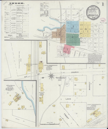 Sanborn Fire Insurance Map from Waseca, Waseca County, Minnesota (1894), Sheet #0001 - Historic Sanborn Fire Insurance Map Print, vintage old map wall art, antique decor, genealogy gift, Minnesota Minnesota map