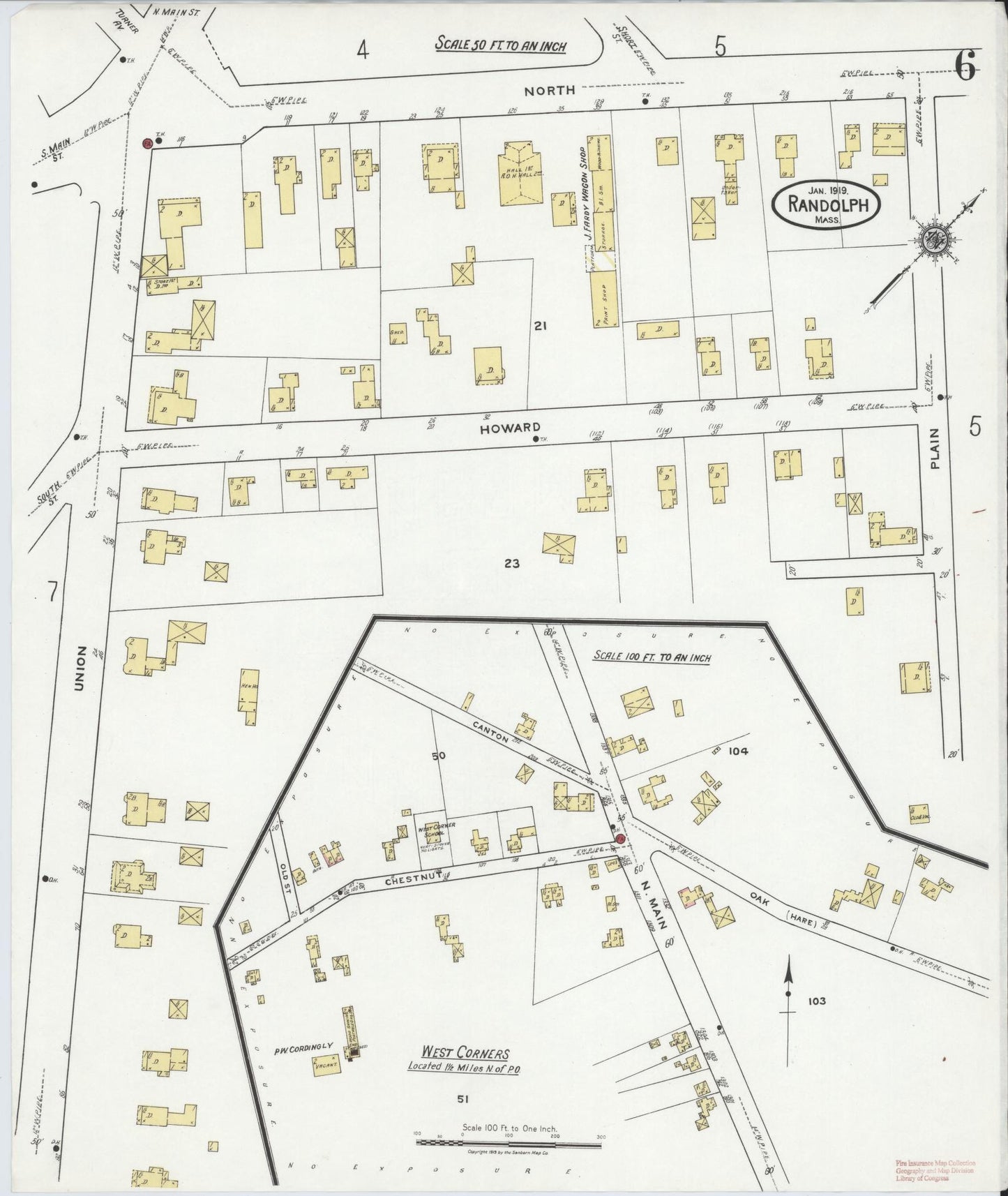 Sanborn Fire Insurance Map from Randolph, Norfolk County, Massachusetts (1919), Sheet #0006 - Historic Sanborn Fire Insurance Map Print, vintage old map wall art, antique decor, genealogy gift, Massachusetts Massachusetts map